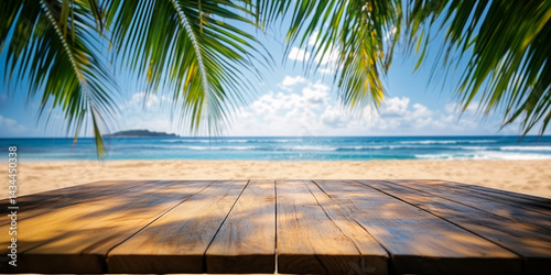 Obraz na płótnie Empty background with wooden floor on beach with palm trees. banner for advertising product. Wooden tabletop in front. blurred background. empty bar counter w salonie