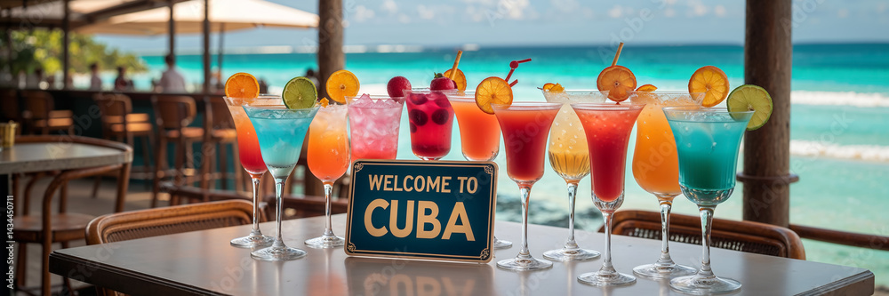 lots of cocktails on the table against the backdrop of a stunning seascape, the inscription Welcome to Cuba
