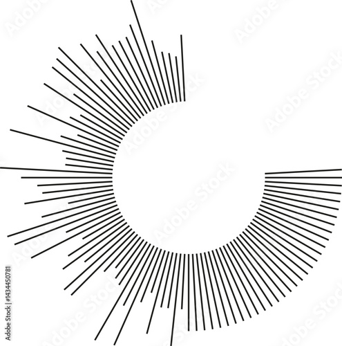 Circular shape with an irregular rays pattern, missing one-quarter of the circle.