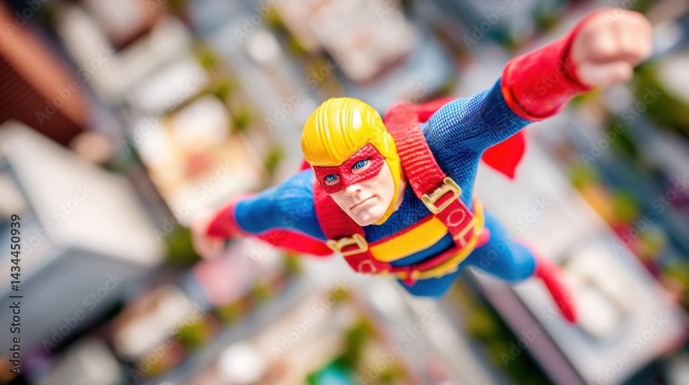Fototapeta premium Miniature superhero action figure flying over city