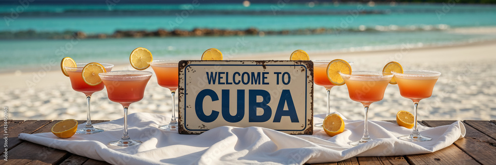 lots of cocktails on the table against the backdrop of a stunning seascape, the inscription Welcome to Cuba