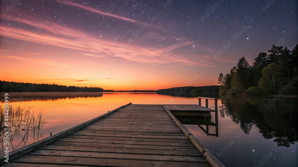 Fototapeta premium Sunset lake view from a wooden dock with stars appearing
