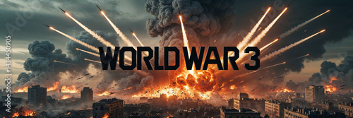 Dramatic depiction of world war 3 with massive explosions in a devastated city.
