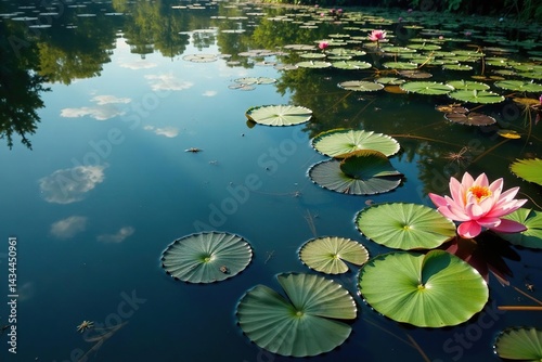 Water lilies and other aquatic plants form a natural floral pattern on the lake surface, background, reflection