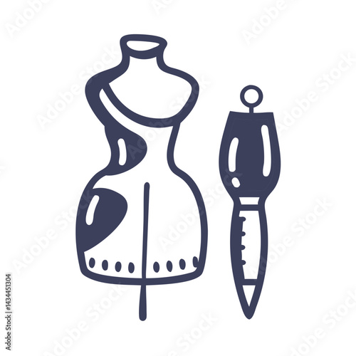 Fashion design tools, sewing outline, dressmaking mannequin and measuring pen on white background