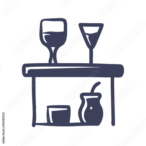 Bar counter, stylish drinks, cocktail glasses and beverage container on white background