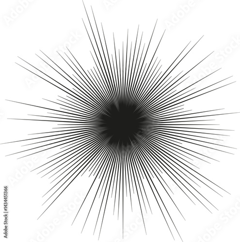 Circular shape with rays of differing thickness and a big difference in ray lengths.