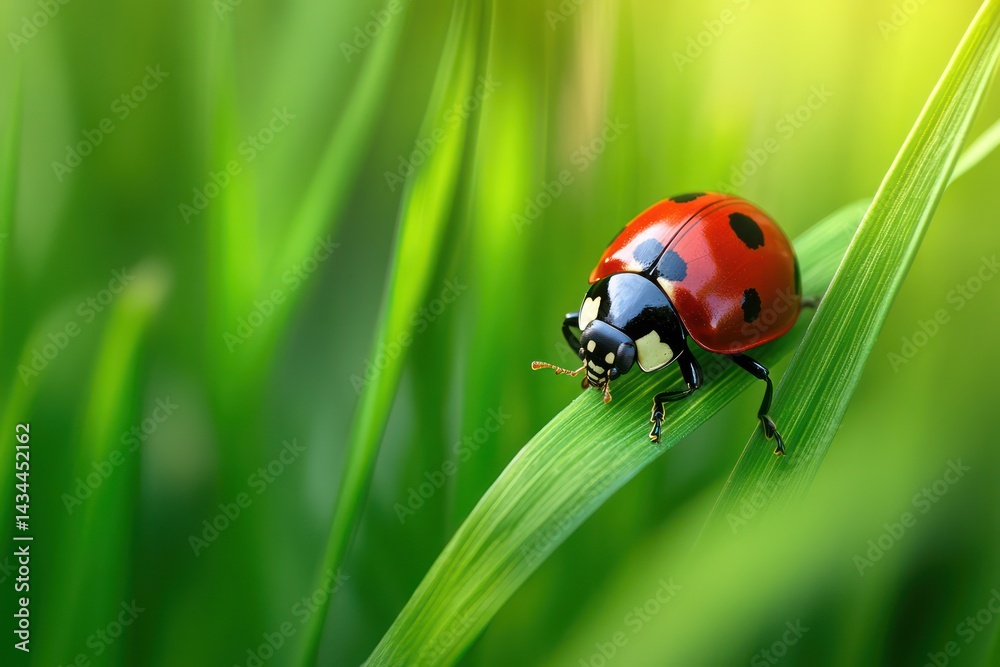 Fototapeta premium Ladybug perched on vibrant green grass blade in nature