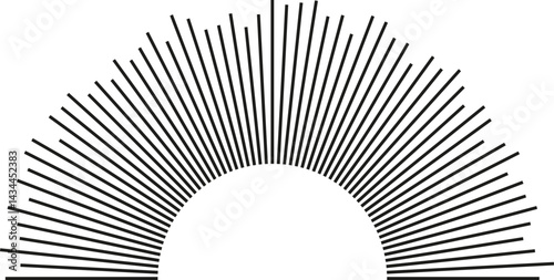 Semi-circle with big irregular rays and an empty circular space in the center.