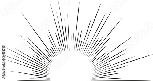 Semicircle with irregular radial pattern and long rays surrounding a circular center.