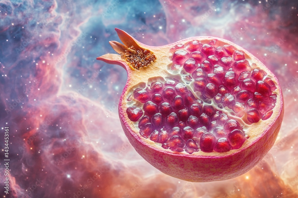 A cosmic pomegranate, half-opened, reveals its ruby seeds against a nebula backdrop. A cosmic pomegranate, half-opened, reveals its ruby seeds against a nebula backdrop.