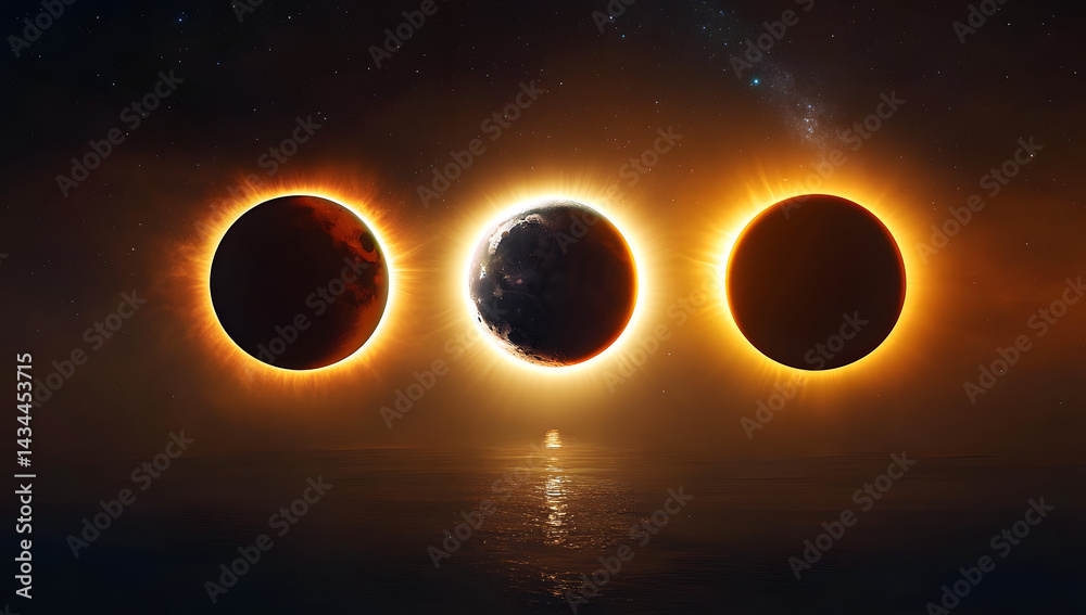 Solar eclipse in different phases. cosmos with moon and sun in total and partial solar eclipse and stars isolated on transparent background, vector realistic illustration. Ecliptic Light. Illustration