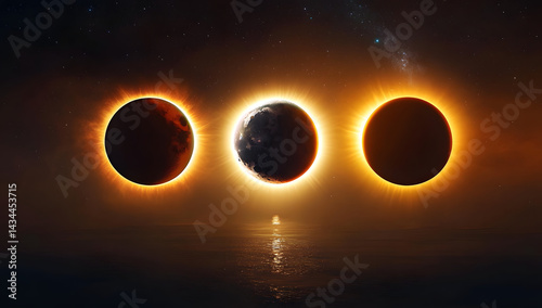 Obraz na płótnie Solar eclipse in different phases. cosmos with moon and sun in total and partial solar eclipse and stars isolated on transparent background, vector realistic illustration. Ecliptic Light. Illustration w salonie