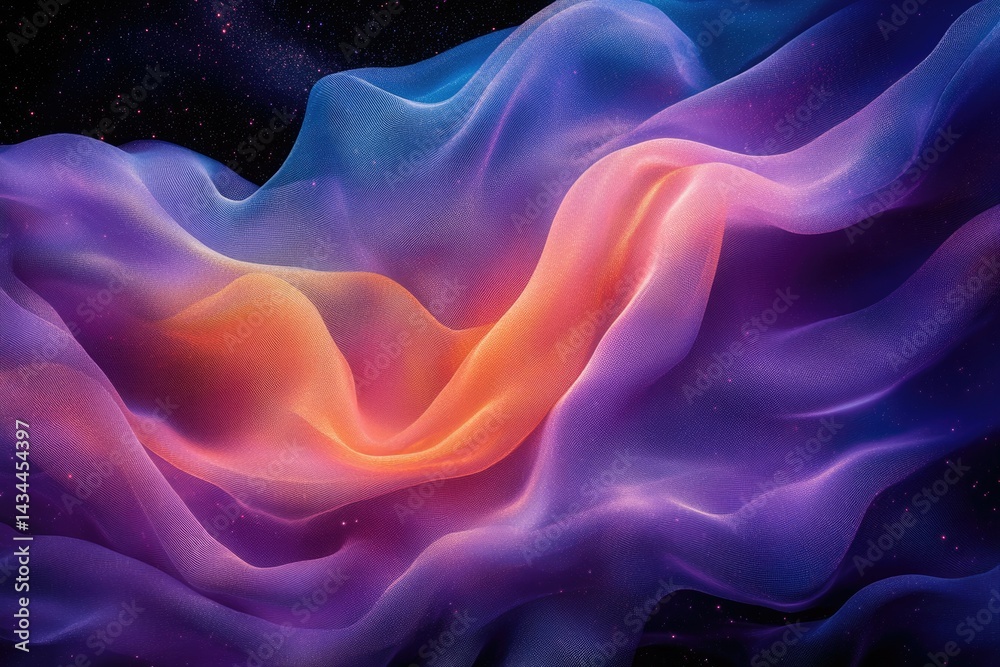 Obraz premium Abstract cosmic landscape with flowing, vibrant purple, orange, and blue fabric.