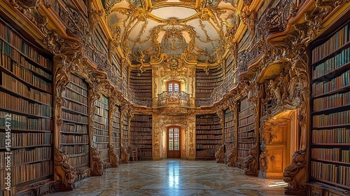 Magnificent Baroque Library Interior Golden Bookshelves Architectural Detail Rich History Elegant Old World Charm Exquisite Design Classic Literature 