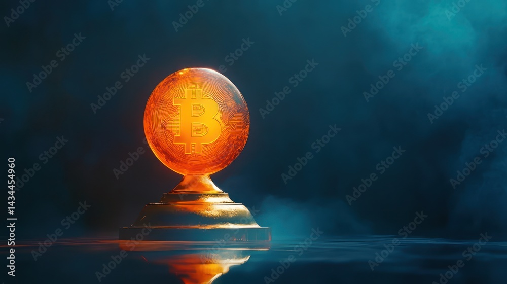 Glowing Bitcoin globe on stand, smoky background, finance concept Glowing Bitcoin globe on stand, smoky background, finance concept