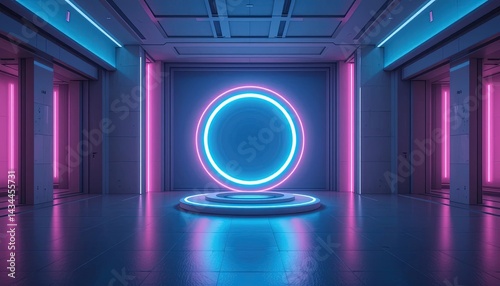 Calm Futuristic Space Featuring a Neon Energy Ring and Ambient Cool Lighting
