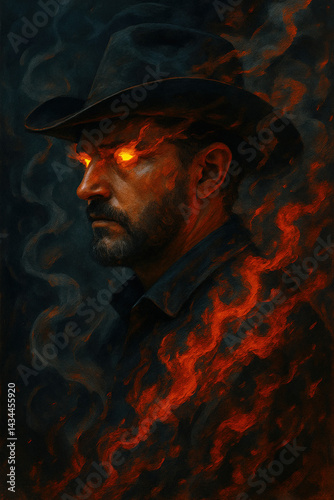Surreal Profile of a Man with Intense Fiery Eyes and Dynamic Abstract Smoke