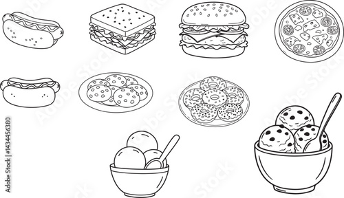 hot dog illustration, sandwich clipart, burger drawing, pizza sketch, cookies illustration, donut drawing, ice cream bowl illustration, fast food line art, black and white food clipart, cartoon food i