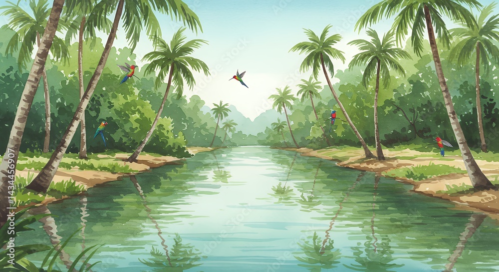 Obraz premium Tropical river scene with palm trees