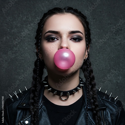 a cool gothic girl having a pink chewing gum bubble