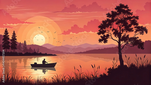 Warm sunset on lake with boat silhouette and glowing sky – vector image