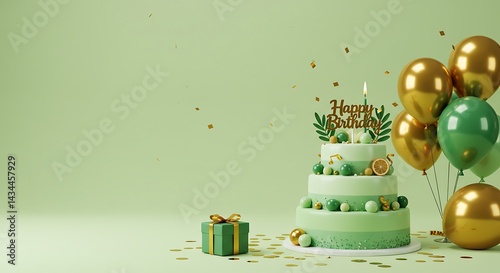 A beautifully decorated cake, gift box, and balloons, perfect for a birthday celebration