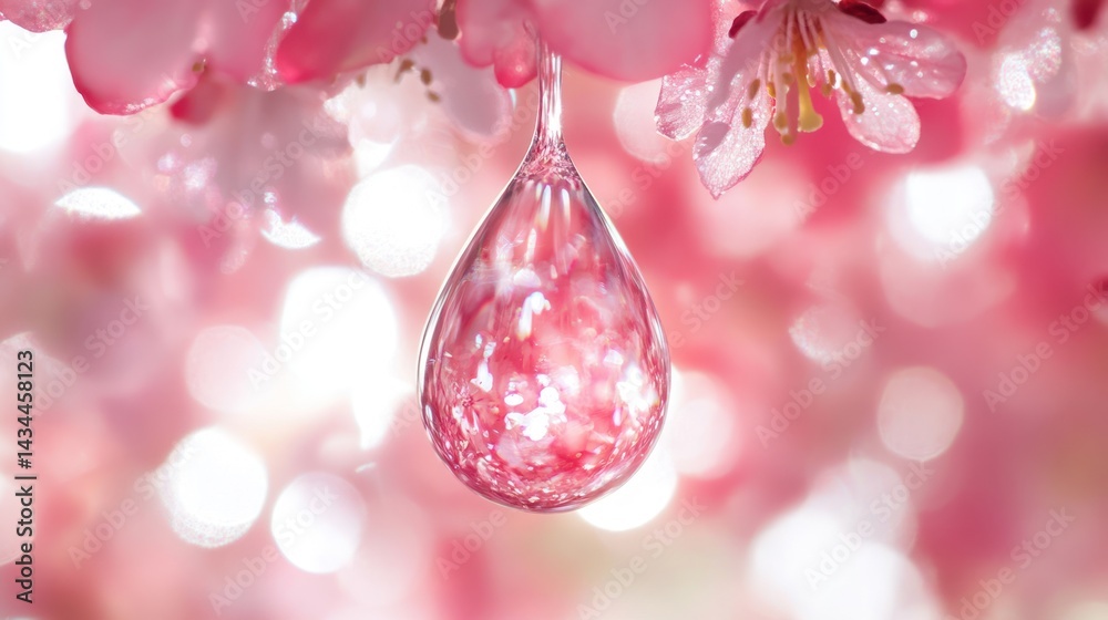 Fototapeta premium Pink blossom raindrop macro, garden bokeh