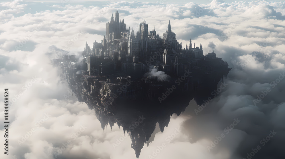Fototapeta premium Floating citadel: an enigmatic sky-bound city amidst ethereal clouds and dramatic shadows. Ebon Spire. Illustration