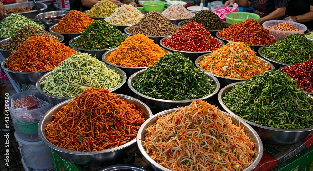 Fototapeta premium Colorful noodle salads at vibrant Asian street food market