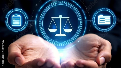 Protecting Digital Rights and Justice with Hands Presenting Law Icons, Cybersecurity Regulation, Legal Access, Internet Privacy, and Ethical Protection in Technology