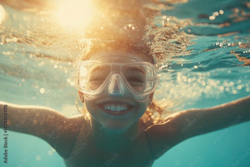 Fototapeta premium Young boy snorkeling underwater in bright sea