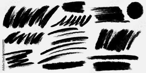 Set of pencil lines and squiggles. Vector hand drawn charcoal smears, strikethroughs, swirls. Template doodle style sketchy lines. Wavy strokes, grunge. Scratchy strokes with rough edges collection.