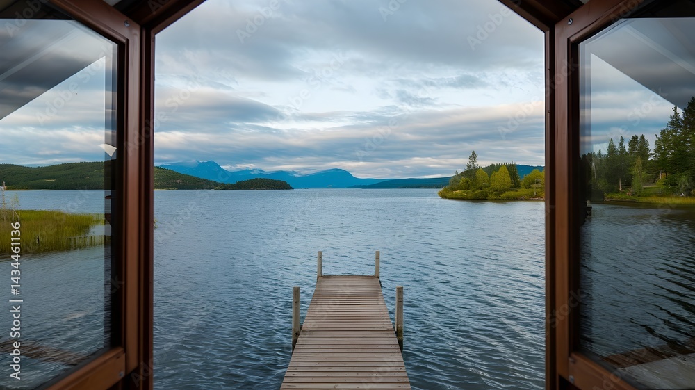 A picturesque view of a serene lake and distant mountains seen through an open window A picturesque view of a serene lake and distant mountains seen through an open window