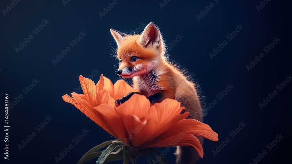 Obraz premium Little fox cub climbs on a flower, dark background, for children's books or card