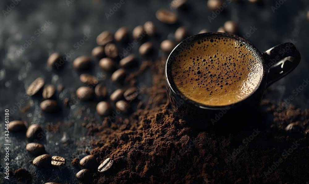 Black coffee, coffee beans and coffee powder
