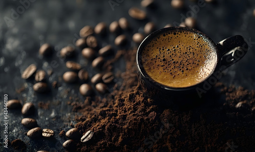 Obraz na płótnie Black coffee, coffee beans and coffee powder w salonie
