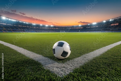 Soccer ball on corner mark in empty illuminated stadium