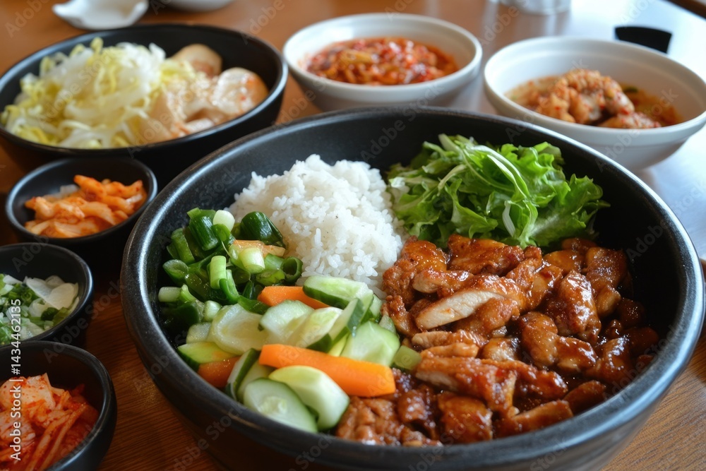A delicious bowl of teriyaki chicken with rice, vegetables, and various side dishes. A delicious bowl of teriyaki chicken with rice, vegetables, and various side dishes.