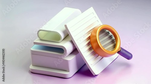 3D Style Document Review and Analysis with Magnifying Glass Examining Stacked Papers, Inspection of Files, Paperwork Audit, and Data Evaluation for Office and Business Use, purple background
