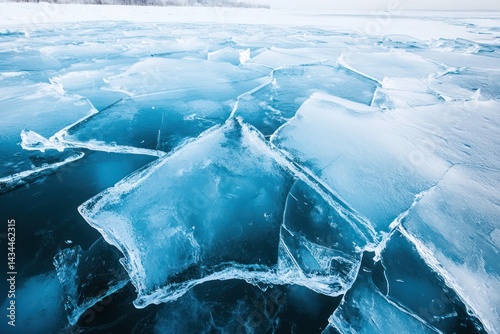Close-up of frozen lake with transparent ice and deep cracks photo