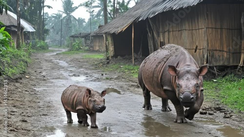 Sumatran rhinoceros mother and calf walking on a muddy road in a rural landscape near simple homes made of straw and wood.