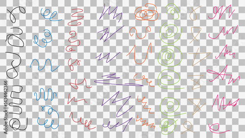 Lots of colorful curved scattered doodle lines. A set of colored doodles on a transparent background.