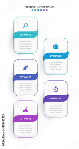 Vertical progress bar featuring 5 arrow-shaped elements, symbolizing the five stages of business strategy and progression. Clean timeline infographic design template. Vector for mobile presentation.