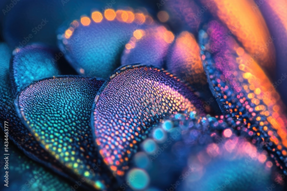 Obraz premium Close-up of iridescent textured petals, vibrant colors and bokeh effect, detailed macro photography.