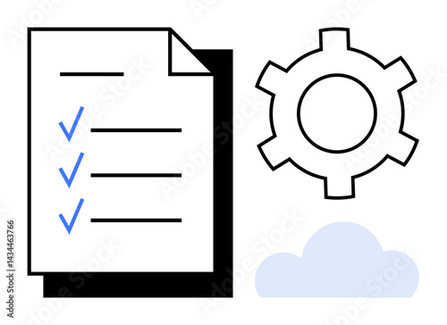 Checklist with blue checkmarks, gear representing process optimization, and cloud symbolizing cloud storage. Ideal for productivity, organization, task planning, process management, workflow, cloud