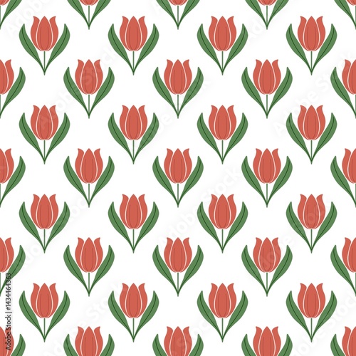 Seamless floral pattern with red tulips on white background