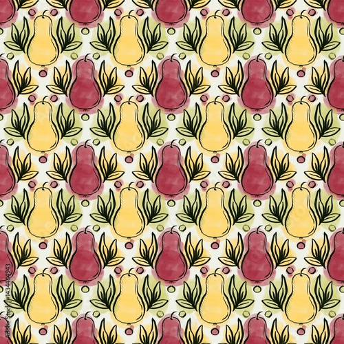 Seamless pattern with hand drawn fruits. Colorful illustration