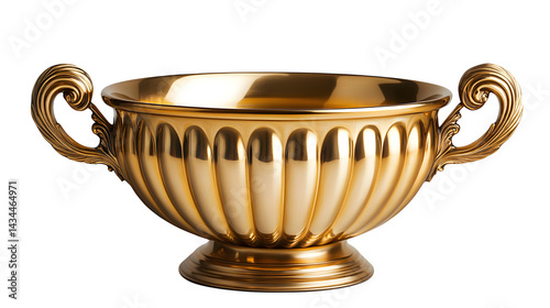 Golden trophy cup with two handles, shining finish, isolated on white background