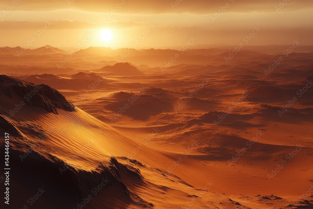 Naklejka premium A breathtaking sunset casts a warm golden hue over a vast, undulating desert landscape.